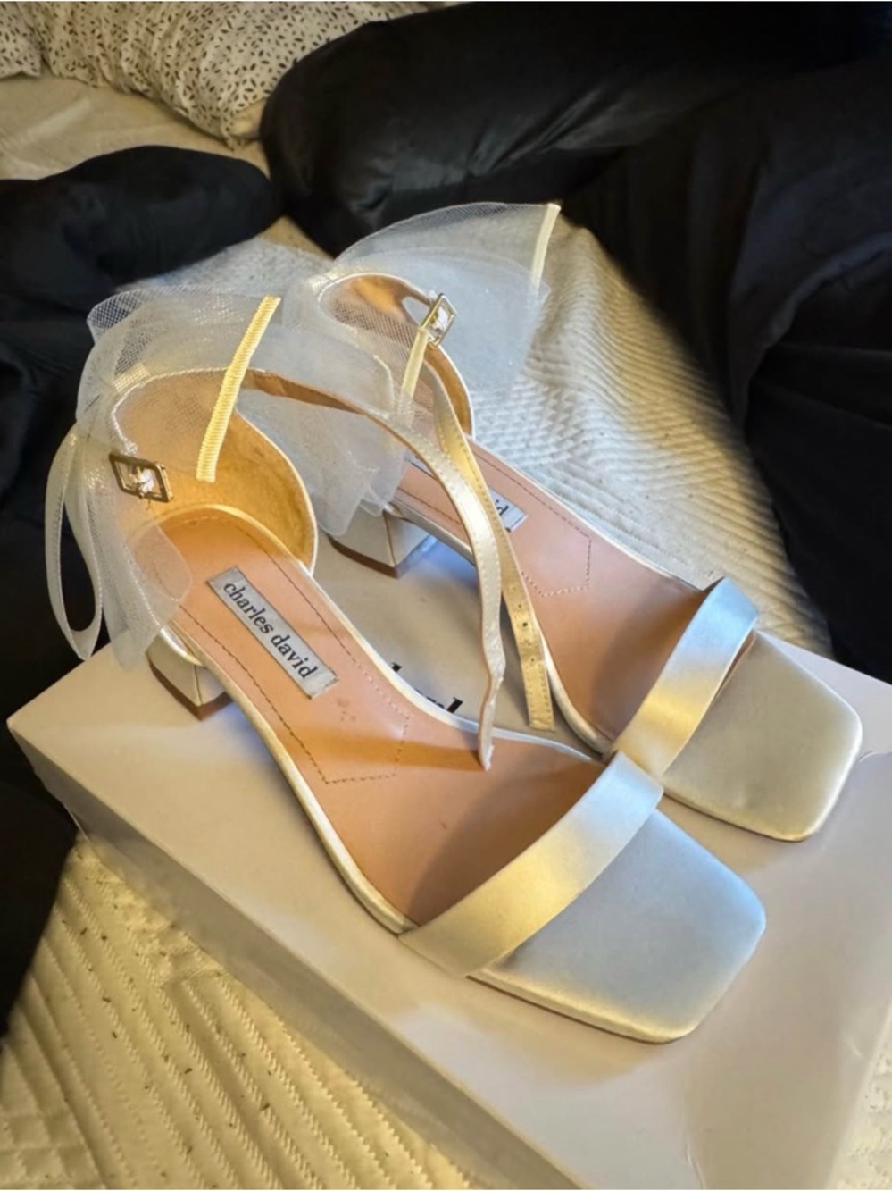 Charles David Ivory Satin Block Heel Sandals